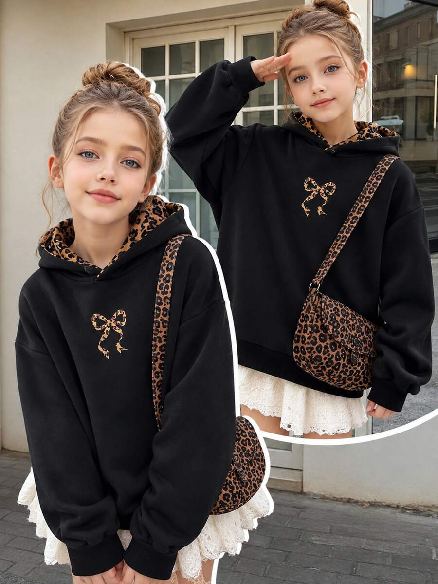 SHEIN Sparklyn Tween Girls Casual Cute Leather Street Leopard Fluffy Hat, Five-Pointed Star Print Pattern, Girl Hooded Sweatshirt, Warm, Autumn, School Black