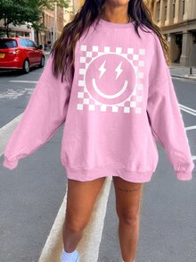 SHEIN 青少年女孩秋季服飾 粉色與白色秋季圖案衛衣 街頭風可愛休閒笑臉棋盤格圓領套頭衫 校園風 - 粉色 - 查看 3