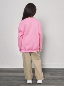 SHEIN 青少年女孩秋季服飾 粉色與白色秋季圖案衛衣 街頭風可愛休閒笑臉棋盤格圓領套頭衫 校園風 - 粉色 - 查看 2