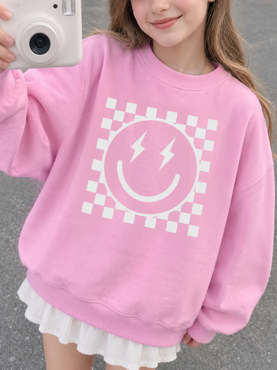 SHEIN 青少年女孩秋季服飾 粉色與白色秋季圖案衛衣 街頭風可愛休閒笑臉棋盤格圓領套頭衫 校園風 - 粉色 - 查看 1