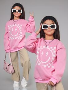 SHEIN 青少年女孩秋季服飾 粉色與白色秋季圖案衛衣 街頭風可愛休閒笑臉棋盤格圓領套頭衫 校園風 - 粉色 - 查看 9