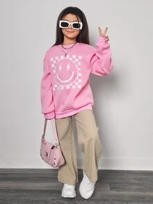 SHEIN 青少年女孩秋季服飾 粉色與白色秋季圖案衛衣 街頭風可愛休閒笑臉棋盤格圓領套頭衫 校園風 - 粉色 - 查看 6