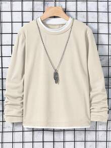 SHEIN Tween Boy Casual Loose Basic Waffle Fabric 2 In 1 T-Shirt, Suitable For Spring And Autumn Daily Commute School Beige - Beige - View 3