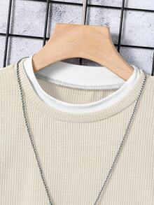SHEIN Tween Boy Casual Loose Basic Waffle Fabric 2 In 1 T-Shirt, Suitable For Spring And Autumn Daily Commute School Beige - Beige - View 5