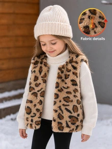 SHEIN Chaqueta casual cómoda de forro polar de doble cara con estampado de leopardo para niñas bebé, otoño - Multicolor - Ver 1