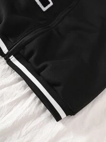 SHEIN Sparklyn Teen Girls Black Long Sleeve Colorblock Letter Graphic Zip-Up Casual Streetwear Baseball Jacket, Autumn Fall Winter, Back To School, For Girls, Outfit - Black and White - View 8