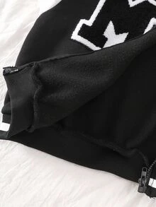 SHEIN Sparklyn Teen Girls Black Long Sleeve Colorblock Letter Graphic Zip-Up Casual Streetwear Baseball Jacket, Autumn Fall Winter, Back To School, For Girls, Outfit - Black and White - View 10