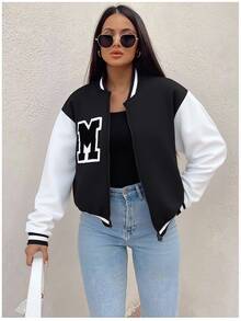 SHEIN Sparklyn Teen Girls Black Long Sleeve Colorblock Letter Graphic Zip-Up Casual Streetwear Baseball Jacket, Autumn Fall Winter, Back To School, For Girls, Outfit - Black and White - View 4