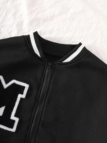 SHEIN Sparklyn Teen Girls Black Long Sleeve Colorblock Letter Graphic Zip-Up Casual Streetwear Baseball Jacket, Autumn Fall Winter, Back To School, For Girls, Outfit - Black and White - View 7