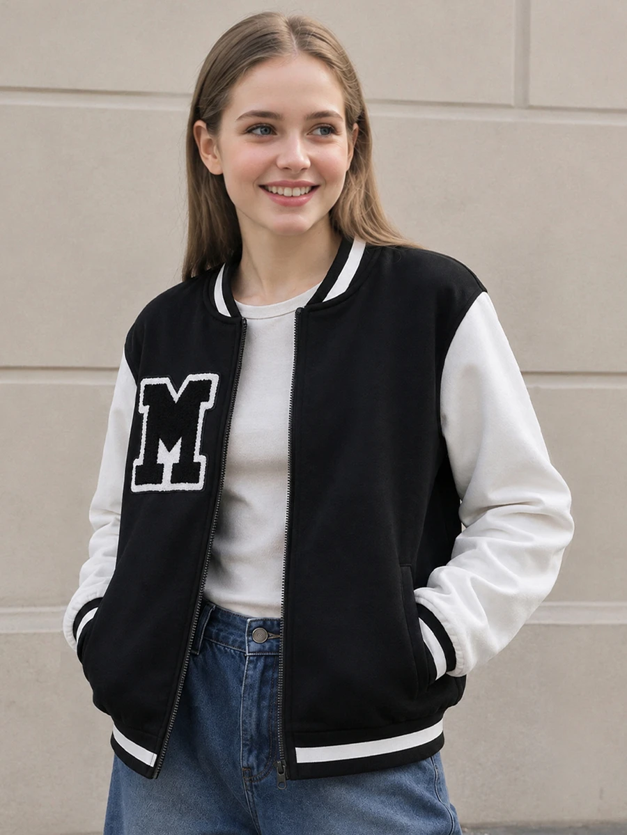 SHEIN Sparklyn Teen Girls Black Long Sleeve Colorblock Letter Graphic Zip-Up Casual Streetwear Baseball Jacket, Autumn Fall Winter, Back To School, For Girls, Outfit