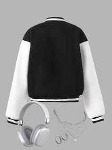SHEIN Sparklyn Teen Girls Black Long Sleeve Colorblock Letter Graphic Zip-Up Casual Streetwear Baseball Jacket, Autumn Fall Winter, Back To School, For Girls, Outfit - Black and White - View 3