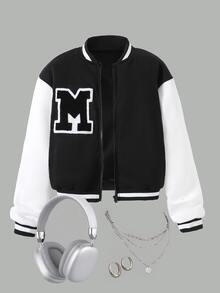 SHEIN Sparklyn Teen Girls Black Long Sleeve Colorblock Letter Graphic Zip-Up Casual Streetwear Baseball Jacket, Autumn Fall Winter, Back To School, For Girls, Outfit - Black and White - View 5