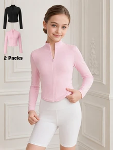 SHEIN Sparklyn 少女纯色简约休闲拉链外套 - 彩色 - 查看 2