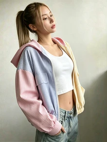 SHEIN Sparklyn Tween Girls All White Long Sleeve Contrast Color Patchwork Hooded Zip Up Jacket, Autumn, Casual, Back To School, For Girls, Outfit School - Multicolor - View 4