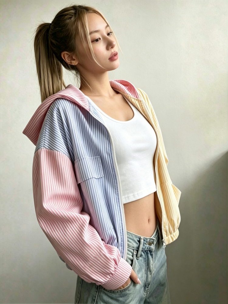 SHEIN Sparklyn Tween Girls All White Long Sleeve Contrast Color Patchwork Hooded Zip Up Jacket, Autumn, Casual, Back To School, For Girls, Outfit School - Multicolor - View 4