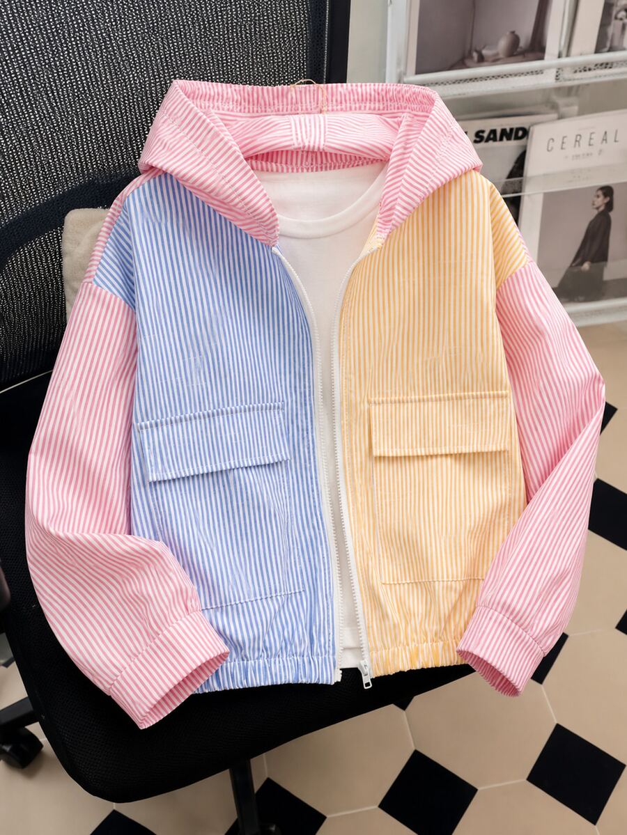 SHEIN 少女純白長袖對比色拼接連帽拉鍊外套,秋季休閒返校穿搭,女童校園造型 - 彩色 - 查看 1