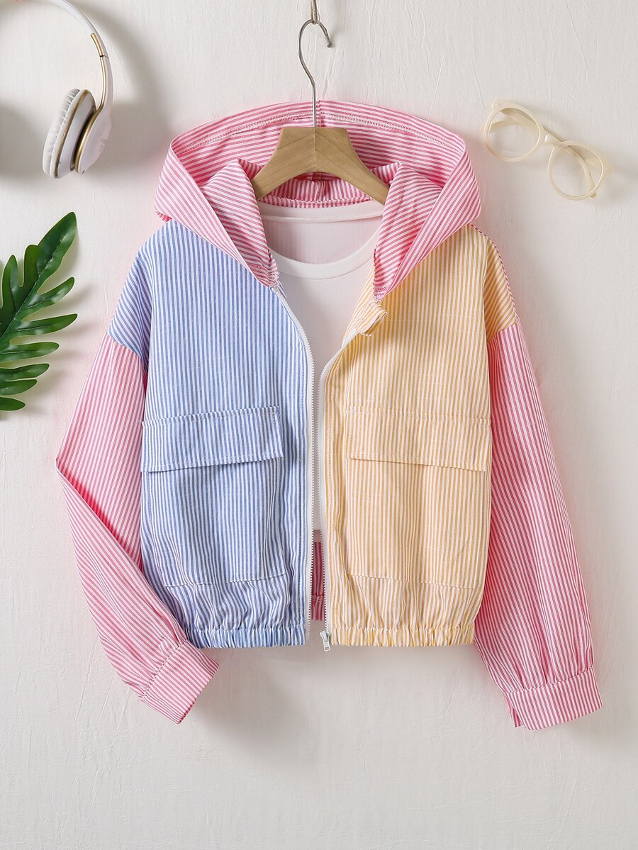 SHEIN Sparklyn Tween Girls All White Long Sleeve Contrast Color Patchwork Hooded Zip Up Jacket, Autumn, Casual, Back To School, For Girls, Outfit School - Multicolor - View 1