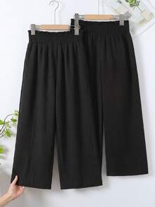 Sparklyn Tween Girls High Waist Casual Boho Streetwear Vacation Beach Travel Daily Drawstring Ruffle Hem Loose Wide Leg Long Pants Black Winter - Black - View 4