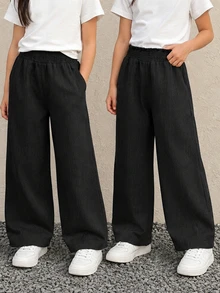 Sparklyn Tween Girls High Waist Casual Boho Streetwear Vacation Beach Travel Daily Drawstring Ruffle Hem Loose Wide Leg Long Pants Black Winter - Black - View 1