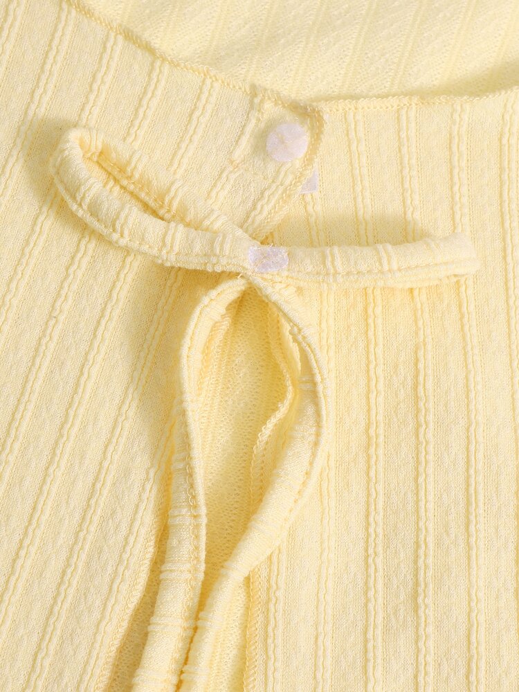 SHEIN Teen Girls' Gentle Style Milk Yellow Vertical Stripe Knit Cardigan With Tie And Frill Trim, Back To School Long Sleeve Tops, Casual Cute, Y2K Birthday - Yellow - View 8