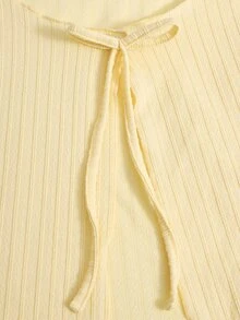 SHEIN 青少年女孩溫柔風奶黃色直條紋針織開襟衫，附綁帶與荷葉邊飾，返校長袖上衣，休閒可愛 Y2K 生日穿搭 - 黃色 - 查看 6