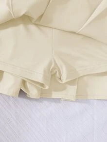SHEIN 女童優雅百褶高腰裙，內建安全短褲，2合1裙褲，四季百搭，可搭配襯衫、短袖/長袖T恤、Polo衫、運動衫、棒球球衣、夾克、外套 - 杏色 - 查看 6