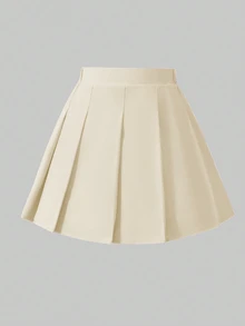 SHEIN 女童優雅百褶高腰裙，內建安全短褲，2合1裙褲，四季百搭，可搭配襯衫、短袖/長袖T恤、Polo衫、運動衫、棒球球衣、夾克、外套 - 杏色 - 查看 4