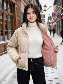 SHEIN Teen Girls Long Sleeve Solid Color Ribbed Slim Fit Short Jacket With Zipper Pockets And Stand Collar, Loose And Comfortable, Casual And Versatile - Beige - View 9