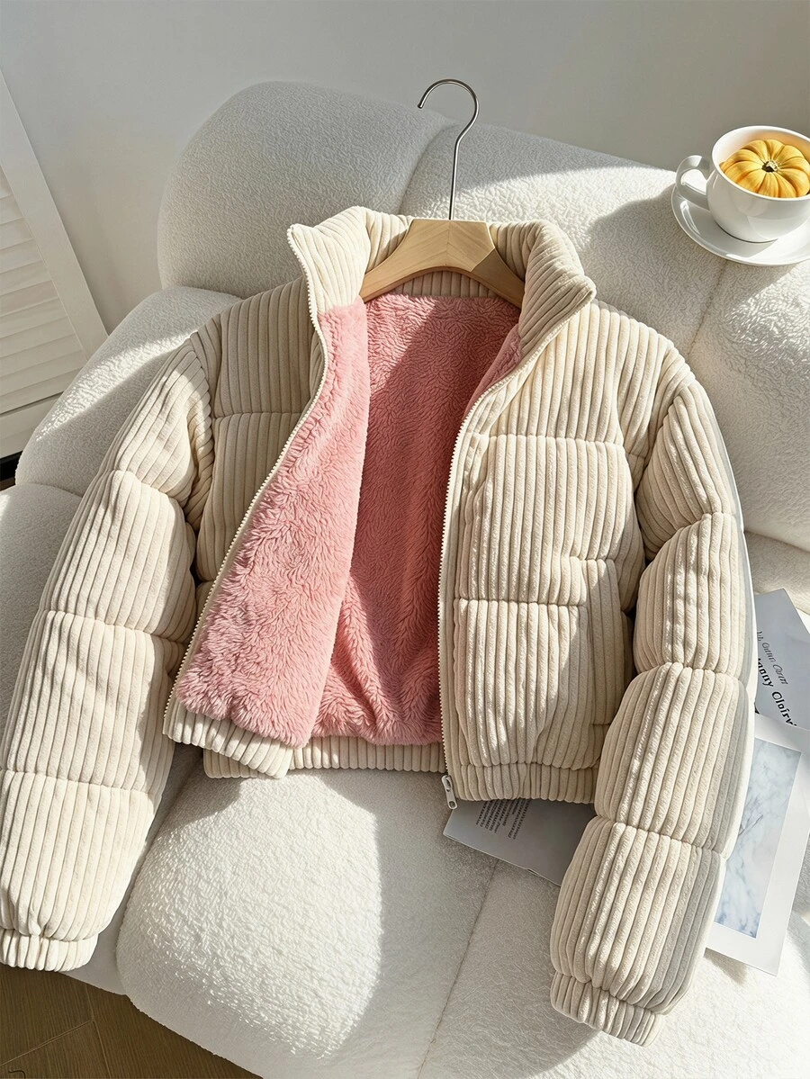SHEIN Teen Girls Long Sleeve Solid Color Ribbed Slim Fit Short Jacket With Zipper Pockets And Stand Collar, Loose And Comfortable, Casual And Versatile