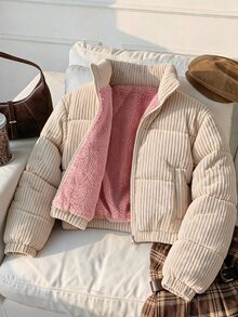 SHEIN Teen Girls Long Sleeve Solid Color Ribbed Slim Fit Short Jacket With Zipper Pockets And Stand Collar, Loose And Comfortable, Casual And Versatile - Beige - View 4