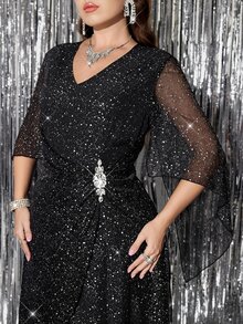 Reflora Plus Size Women's V-Neck Rhinestone Decor Casual Party Dress - Black - View 4