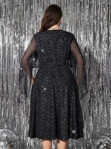 Reflora Plus Size Women's V-Neck Rhinestone Decor Casual Party Dress - Black - View 3