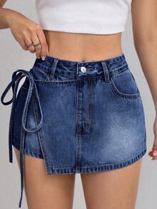 SHEIN EZwear Wrap Belt Loop Tie Waist Casual Summer Versatile Denim Shorts - Dark Wash - View 4