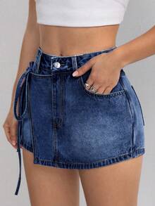 SHEIN EZwear Wrap Belt Loop Tie Waist Casual Summer Versatile Denim Shorts - Dark Wash - View 3