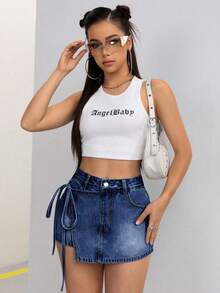 SHEIN EZwear Wrap Belt Loop Tie Waist Casual Summer Versatile Denim Shorts - Dark Wash - View 6