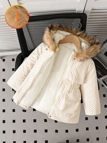 SHEIN 女童收腰連帽加厚棉襖外套，保暖內裡，厚實填充，拉鍊開合，假抽繩設計，貼身版型冬季棉襖 - 卡其色 - 查看 7