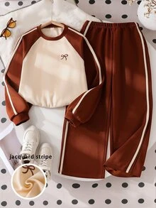 Elladie kids Tween Girls 2pcs Winter Beige Chocolate Brown Colorblock Raglan Sweatshirt Jacquard Stripe Bow Wide Leg Sweatpants Set Long Sleeve School - Black - View 8