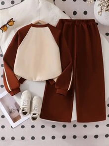 Elladie kids Tween Girls 2pcs Winter Beige Chocolate Brown Colorblock Raglan Sweatshirt Jacquard Stripe Bow Wide Leg Sweatpants Set Long Sleeve School - Black - View 3
