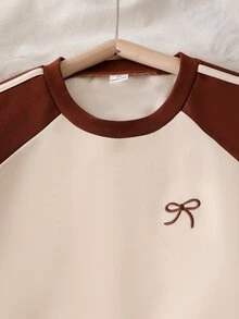 Elladie kids Tween Girls 2pcs Winter Beige Chocolate Brown Colorblock Raglan Sweatshirt Jacquard Stripe Bow Wide Leg Sweatpants Set Long Sleeve School - Black - View 7