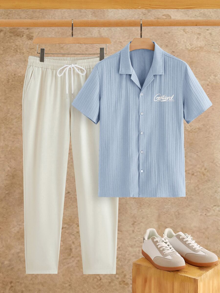 HIMLAND 2pcs/Set Men's Summer Casual Commute Outdoor Party Textured Cuban Collar Short Sleeve Shirt Set - Blue - View 1