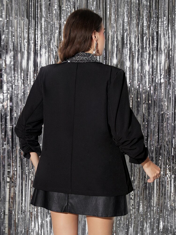 Reflora Plus Size Women's Patchwork Sequin Shawl Collar Ruched 3/4 Sleeve Blazer - Black - View 2