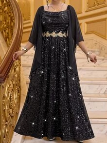 Fleurora 大尺碼女款方領亮面優雅 Eleganza 收腰派對正式禮服 秋季婚禮黑色亮片洋裝 - 黑色 - 查看 3