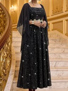 Fleurora 大尺碼女款方領亮面優雅 Eleganza 收腰派對正式禮服 秋季婚禮黑色亮片洋裝 - 黑色 - 查看 4