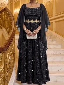 Fleurora 大尺碼女款方領亮面優雅 Eleganza 收腰派對正式禮服 秋季婚禮黑色亮片洋裝 - 黑色 - 查看 1