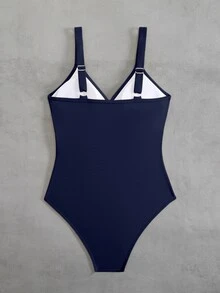 SHEIN Swim 1 件条纹面料交叉前片连体泳衣 - 藏蓝色 - 查看 5