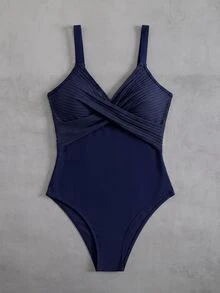 SHEIN Swim 1 件条纹面料交叉前片连体泳衣 - 藏蓝色 - 查看 4