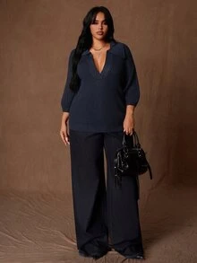 Ceyna Y2K Plus Size Vintage Deep V-Neck Short Sleeve Fashion Pullover Sweater, Suitable For Autumn/Winter Daily Wear - Navy Blue - View 3