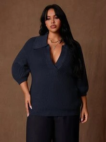 Ceyna Y2K Plus Size Vintage Deep V-Neck Short Sleeve Fashion Pullover Sweater, Suitable For Autumn/Winter Daily Wear - Navy Blue - View 6