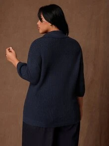 Ceyna Y2K Plus Size Vintage Deep V-Neck Short Sleeve Fashion Pullover Sweater, Suitable For Autumn/Winter Daily Wear - Navy Blue - View 2