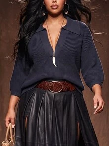 Ceyna Y2K Plus Size Vintage Deep V-Neck Short Sleeve Fashion Pullover Sweater, Suitable For Autumn/Winter Daily Wear - Navy Blue - View 1